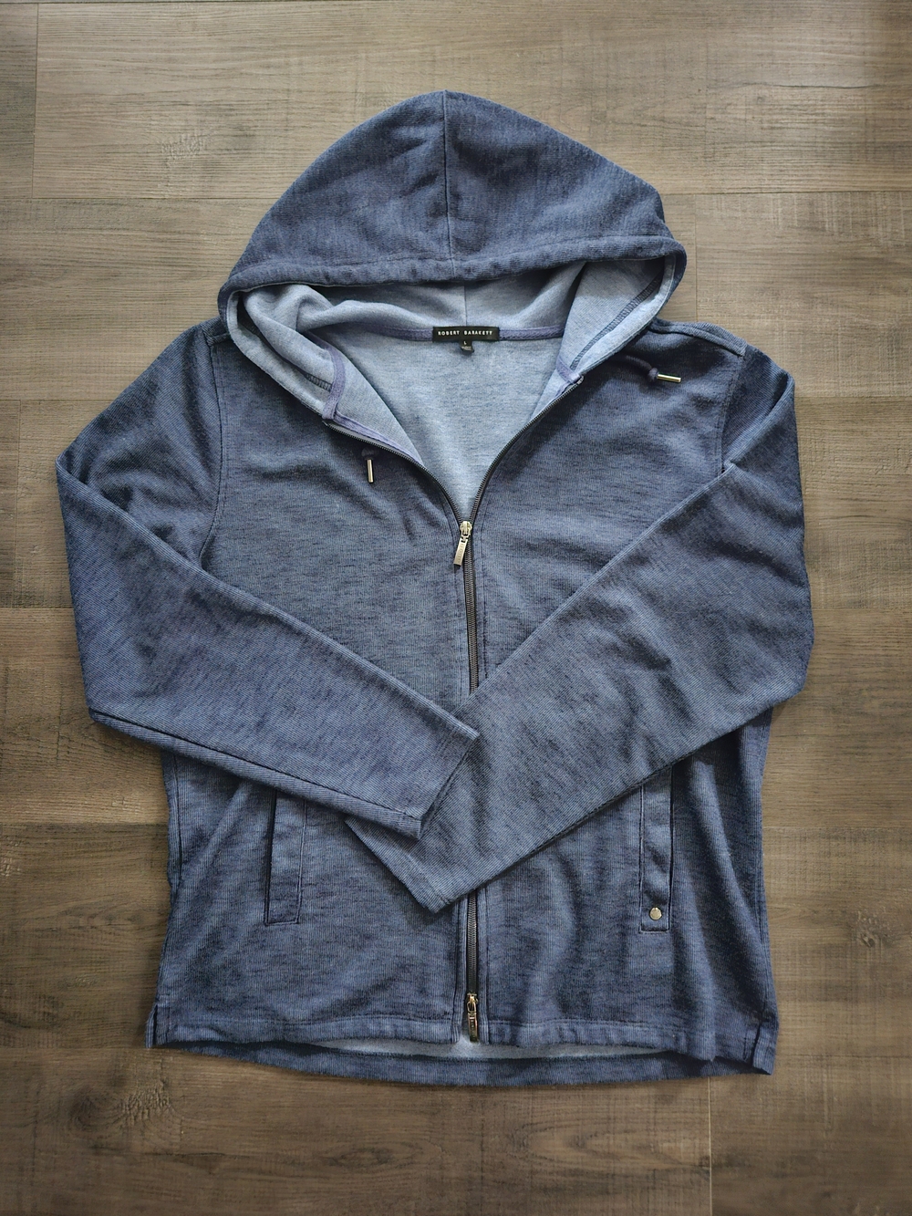 Robert Barakett Men L Two-Way Zip Textured Knit Hoodie Jacket Blue Luxury Lounge